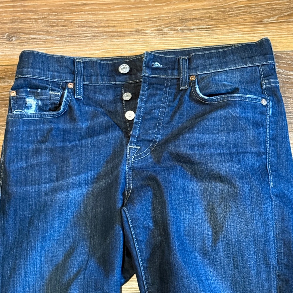 7 For All Mankind Straight Leg Jeans Dark Wash Distressed Button Fly Size 30 EUC